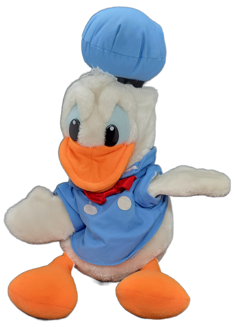 Vintage Disney's #12054 Donald Duck 12-inch tall plush hand puppet by Applause. The hand puppet was Made in Korea for ages 3 and up. Donald is wearing his blue outfit and is 12-inches tall from base to top of hat. The legs hang 3-inches from base.
