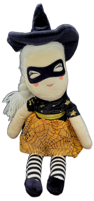 Cynthia Rowley "Curious Witch" 20-inch plush doll featuring white yarn hair and wearing black felt mask. The witch is also wearing black top with orange dress with spiders and spiderwebs. Cynthia Rowley is a leading global lifestyle brand built on the philosophy that fashion should be an adventure.