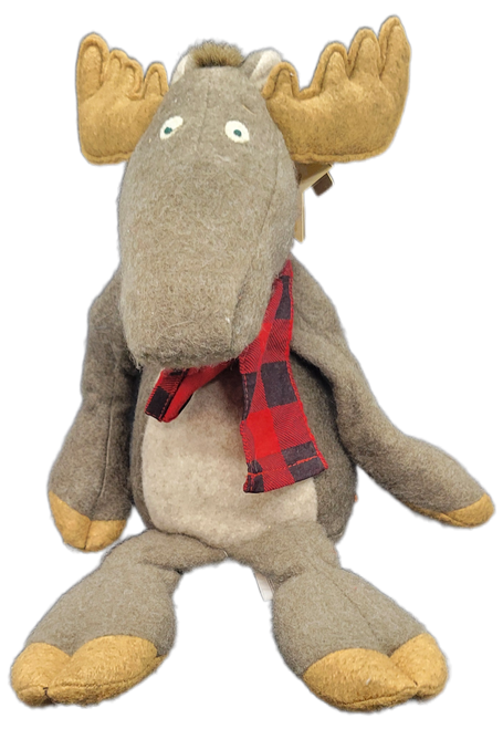 Hallmark "Broose the Moose" 14-inch long plush with bean bag bottom. The moose is wearing a red and black flannel scarf. Broose the Moose is 9-inches Tall in seated position.