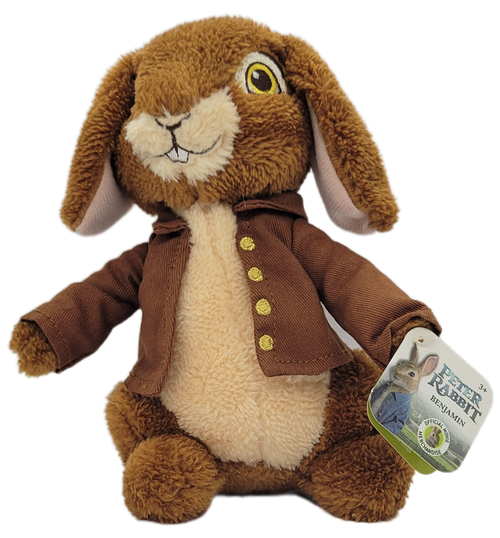 Just Play 2018 Peter Rabbit Benjamin 7-inch plush for ages 3 & up. Benjamin is wearing a brown jacket with gold buttons. Benjamin is Peter Rabbit's cousin. He is a loyal and brave friend to Peter and helps him recover from mishaps and misadventures.