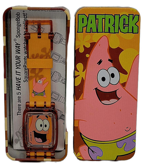 Burger King 2004 SpongeBob SquarePants Movie Patrick watch that was available for $1.99 with any value meal purchase. The series of watches contained 5 different character watches that included 2 different SpongeBob and one each of Patrick, Plankton, Squidward. The watches come in a tin box with the character name and picture on the box.