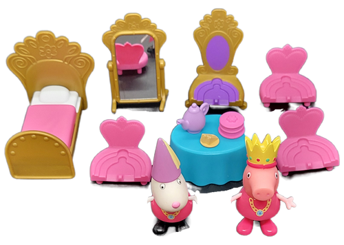 ABD Ltd 2003 Peppa Pig Castle playset replacement pieces. Lot includes Princess Peppa, Princess Suzy, table with 3 chairs, mirror, bed and throne. Missing the castle and treasure chest. These are original parts from 2003 playset.