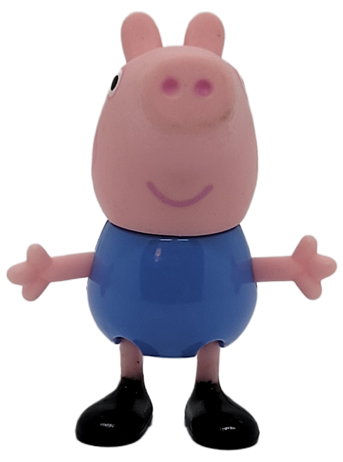 Hasbro 2-inch tall figure of George Pig from the series Peppa Pig. George is an energetic 2-year-old who does nothing by halves. He is an open book of big emotions and wears them on his sleeve confidently. George can be clumsy and messy as he barrels through life, but never intentionally mean or naughty. He is wearing blue clothes with black shoes.