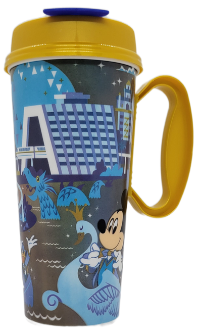 Disney Parks 50th Anniversary hot / cold reusable thermal mug that holds 16-ounces. The mug features the iconic rides of the park and several characters such as Mickey Mouse, Tinkerbell, Donald Duck, Pocahontas and Stitch. The mug was made by Whirley Industries in the United States.