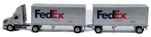 Winross 1/64 scale FedEx Freight "25th Silver Anniversary" Collectors Edition die-cast truck set. Constructed primarily from die-cast metal with real rubber tires and some plastic components. The top of the trailers say "Sheridan" with a quote by the founder Sheridan Garrison. Includes detailed FedEx Freight decoration, working suspension, and functional rear doors.