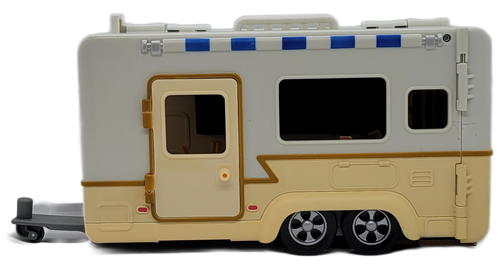 Go on a caravan adventure with Bluey's family and friends. Bluey's Ultimate Caravan Adventures Playset is loaded with features and things to do as you hook up the Heeler 4WD and hit the highway on a caravan vacation! There's room for the whole family in this transforming playset. Fold up the roof to reveal a second story and cozy bunk beds. Flip out the back of the van to open up the kitchen. What's cooking in the oven? Open it up and see! Sit your figures in the chairs around the table and get ready for dinner or toast a marshmallow over the campfire. Customize the caravan with the fun stickers supplied. Unhook the car for some off-road adventures! Clip the surfboards on to the top of the Heeler 4WD Family Vehicle and head to the beach. All figures can attach to the surfboards! There is enough room the car for the whole family to ride in! Simply open up the roof and sit your figures into the seats. Bluey's Ultimate Caravan Adventures Playset contains 12 pieces to play with. This playset includes three 2.5" figures: Bandit, Bluey and her friend Jean Luc. All figures have moving arms and body for fun play and posing. Children will love using this fun filled playset to recreate some of the most memorable moments from the show's camping episode and make up new adventures with their Bluey toys!