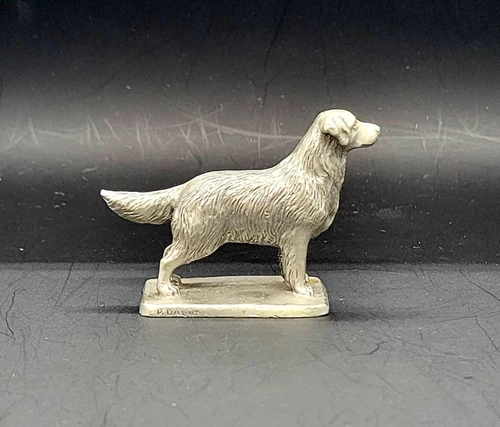Rawcliffe 1986 Fine Pewter Golden Retriever #851 Figurine Made in USA, detailed pewter dog sculpture standing on a rectangular base, shown in profile.