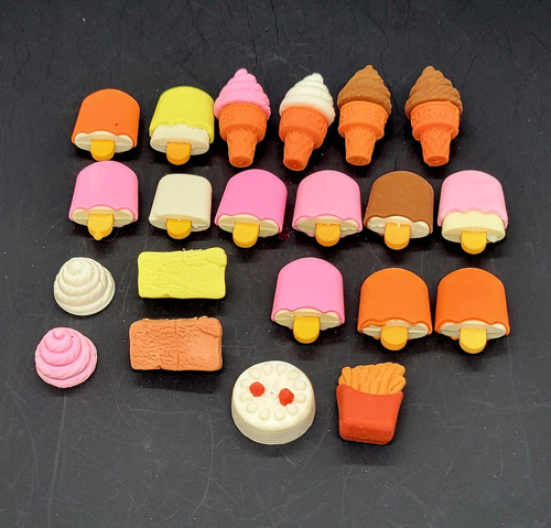 Collection of 21 food-themed erasers that includes 4 ice cream cones, 11 ice cream bars, cake, french fries and pieces. Have some fun doing school work while thinking of your favorite flavors of ice cream.