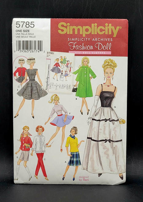 Simplicity 5785 Fashion Doll Sewing Pattern for 11.5-inch Dolls by Teri, vintage pattern envelope featuring illustrations of stylish doll outfits including dresses, skirts, tops, pants, and a green coat; includes 32 pattern pieces for 13 outfits.