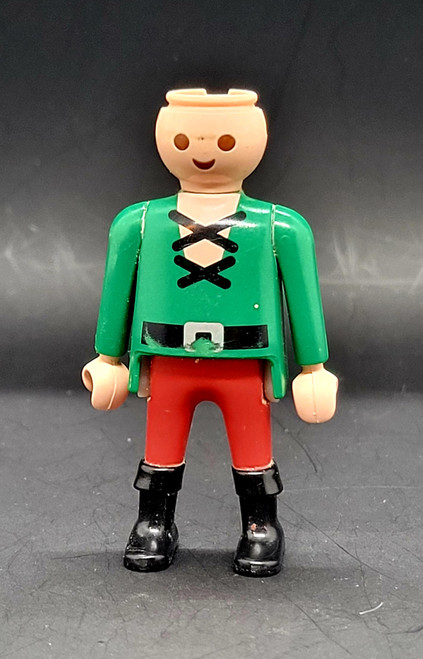 Geobra the German manufacture of Playmobil 2002 Pirate (part #30007040) from 3174 Red Pirateship Set 3-inch tall figure for ages 4+. The figure is wearing a green shirt with black belt and red pants. The figure is missing his headband (part #30205810) and his beard and hair