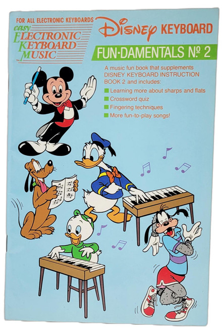 Hal Leonard Publishing Corporation Disney Keyboard Fun-Damentals No. 2 Electronic Keyboard Music Book, illustrated cover featuring Mickey Mouse, Donald Duck, Goofy, Pluto, and other Disney characters playing keyboards, with beginner music-learning topics listed.