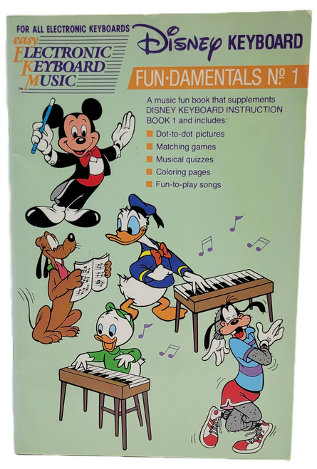 Disney Keyboard Fun-Damentals No. 1 keyboard instruction book by Hal Leonard Publishing Corporation. The book contains 5 songs and instructions and puzzles to make it easier to learn how to play the electronic keyboard. The book was published in 1989.