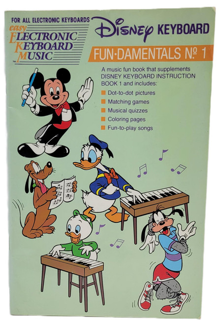 Hal Leonard Publishing Corporation Disney Keyboard Fun-Damentals No. 1 Electronic Keyboard Music Book, green cover featuring Mickey Mouse, Donald Duck, Pluto, and Goofy with electronic keyboards and musical notes.