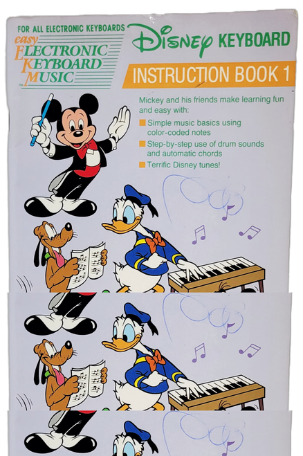 Hal Leonard Publishing Corporation Disney Keyboard Instruction Book 1 Electronic Keyboard Music Book, illustrated cover featuring Mickey Mouse, Donald Duck playing an electronic keyboard, and Goofy holding sheet music