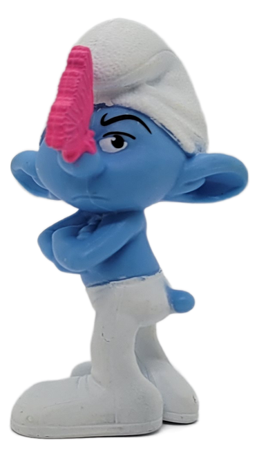 McDonald's Happy Meal Toy of Grouchy Smurf from the 2011 The Smurfs Movie series of toys. Grouchy Smurf is the grumpiest Smurf in the village... even a cute pink butterfly on his nose won't make him smurf a smile! This McDonald's Happy Meal Smurf toy figure was part of a special promotion for The Smurfs Movie in 2011