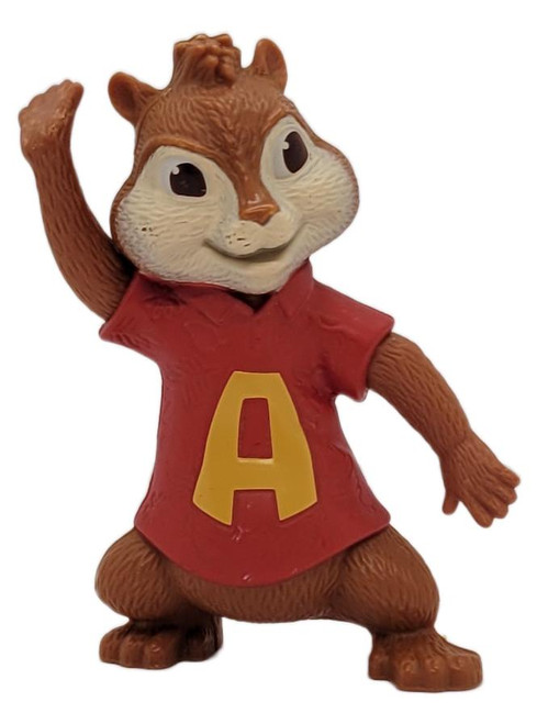 McDonald's Happy Meal Toy 2011 Alvin and the Chipmunks: Chipwrecked #1 Hot Doggin Alvin (Loose), brown Alvin figurine wearing a red shirt with a yellow A and waving on a white background.
