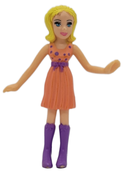 McDonald's Happy Meal Toy #1 Polly Puppy Carrier figure of Polly Pocket from the 2008 Polly Pocket series of toys. Polly is wearing a pink dress with purple spots, belt with bow and boots. The series contains 6 different figures and was available July 25th - August 14th, 2008.