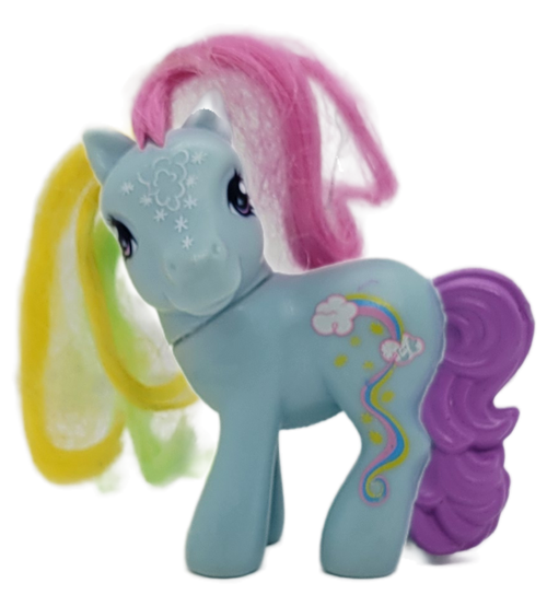 McDonald's Happy Meal Toy My Little Pony Rainbow Dash toy figure. Rainbow Dash is a fictional character who appears in the Hasbro's My Little Pony toyline and media franchise. She is a close friend of Twilight Sparkle, serving as a core member of the group of main characters collectively known as the Mane Six.The series contains 8 different ponies and was available December 4, 2008 - January 8, 2009.