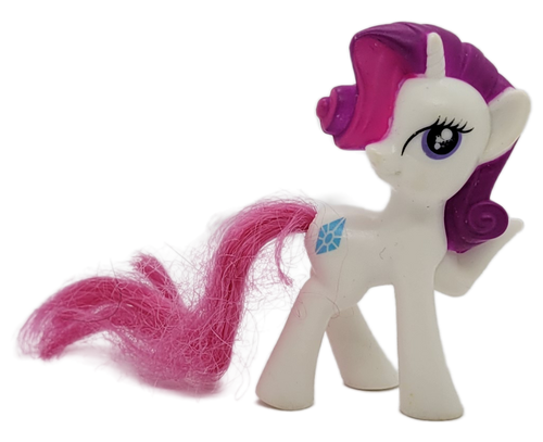 McDonald's Happy Meal Toy 2011 My Little Pony Rarity toy figure. Rarity is a fictional character who appears in the fourth incarnation of Hasbro's My Little Pony toyline and media franchise, beginning with My Little Pony: Friendship Is Magic. She is a close friend of Twilight Sparkle, serving as a core member of the group of main characters collectively known as the Mane Six. The series contains 8 different ponies and was available January 21 - February 17, 2011.