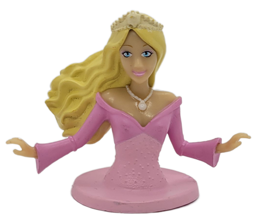 Barbie 2007 cake topper by DecoPac. The cake topper features a caucasian Barbie with blonde hair and wearing a pink dress. The cake topper measures 2 3/4" x 3 1/2" and sits on top of a pink dress cake or cupcake.