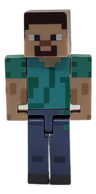 Jazwares Minecraft Steve 3-inch tall action figure. Standing approximately 3 inches tall, this blocky ABS plastic figure features basic articulation at the shoulders and legs, designed to mimic Steve's iconic in-game appearance with his teal shirt and blue pants.
