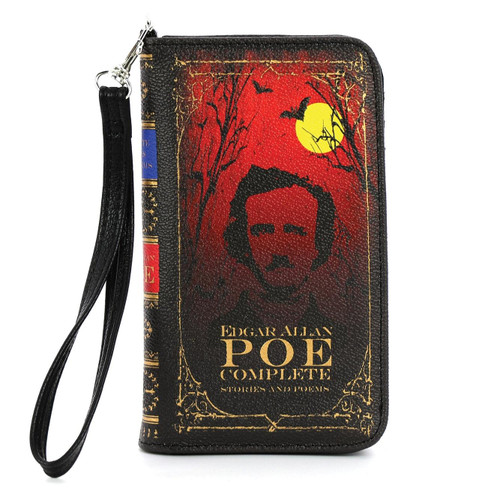 Spookyville Critters Edgar Allan Poe Vinyl Book Wallet | Gothic Literary Accessory with Card Slots & Zipper Compartment, black book-shaped vinyl wallet featuring Edgar Allan Poe, a red gothic scene with bats and a yellow moon, gold lettering, zipper closure, and wrist strap