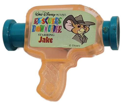 McDonald's Happy Meal Toy 1990 Disney's The Rescuers Down Under Jake Mini Slide Viewer, vintage orange plastic viewer with blue side knobs and a label featuring Disney character Jake.