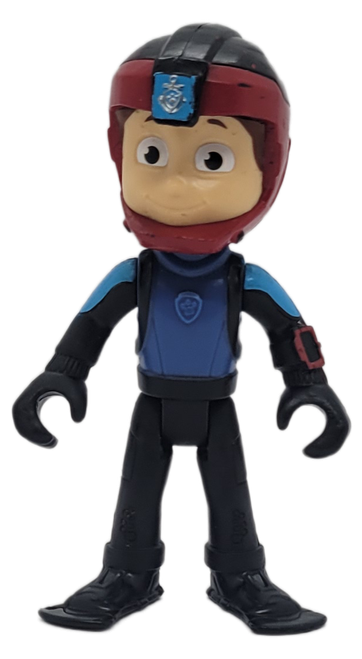 Spin Master Paw Patrol Ryder as scuba diver. Ryder is wearing black and blue scuba wet suit with red and black helmet. The figure is 3.75-inch tall and for ages 3+.