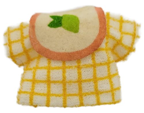 American Greetings 1979 Strawberry Shortcake shirt for Ada. Her shirt has yellow checks and a bib with a lime on it. Ada only appeared in the International Friends line.