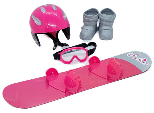 ENERTEC 2010 Sophia's 4-piece snowboard set that includes helmet, goggles, snowboard and boots for 18-inch dolls including American Girl dolls. Features a pink snowboard with integrated bindings, a matching hot-pink helmet with a chin strap, grey boots, and protective snow goggles.