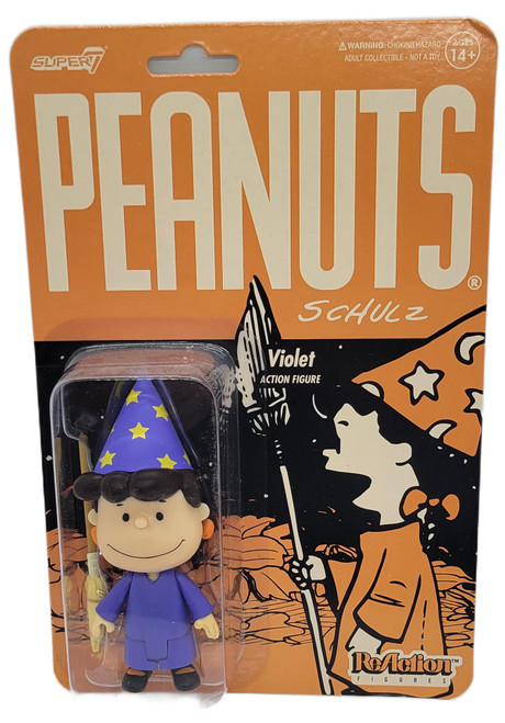 Super7 Peanuts ReAction Figure Wave 4 - Witch Violet (Not Mint), packaged Violet action figure wearing a purple star-patterned witch hat and matching outfit on orange-and-black Peanuts card backing.