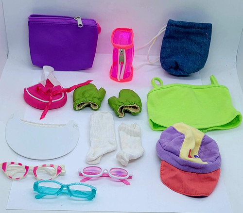 Unknown Ultimate 18" Doll Accessory Collection: Stylish Purses, Trendy Clothes, & Fun Glasses for Creative Play, colorful doll accessories including purses, clothing, socks, mittens, and several pairs of toy glasses