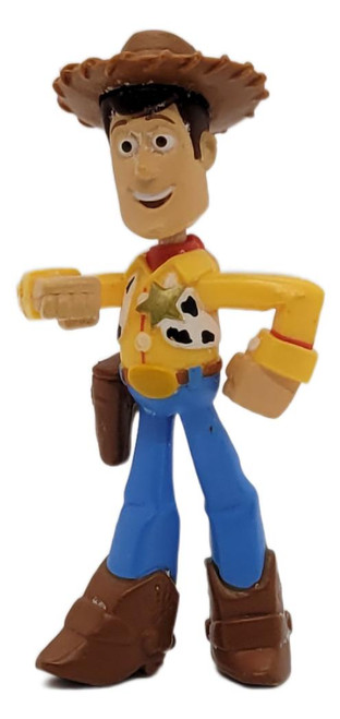 Disney Pixar Toy Story Sheriff Woody 2.5" PVC Figure, standing cowboy figure wearing a brown hat, yellow shirt, blue jeans, and brown boots against a white background.