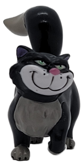 Disney's Lucifer the Cat from Cinderella PVC figure that stands 2-inches tall at highest point. Lucifer the cat from Disney's Cinderella is designed with a smug expression and a curled tail. Lucifer is the Tremaines' pet cat. He has black fur and is depicted as a sneaky, wolfishly-wicked, manipulative and cheating mouse consumer.