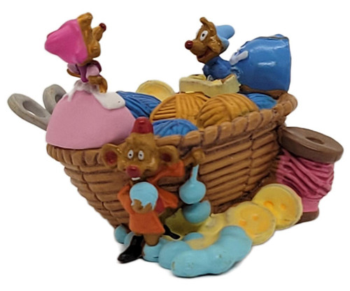 Disney Cinderella Mice in Sewing Basket (Jaq, Gus, and Suzie) PVC Figure, colorful collectible depicting Jaq, Gus, and Suzie among spools of thread, fabric, and sewing tools in a wicker basket