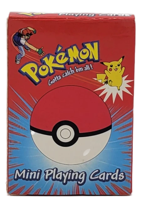 Bicycle Brand Playing Cards Pokémon mini playing cards from 1999 in red box with a Poké Ball illustration, Ash, and Pikachu. The Creatures and Game Freak are trademarks of Nintendo. The mini playing card deck was made in China. The cards are 2.5-inches by 1.75-inches in size.