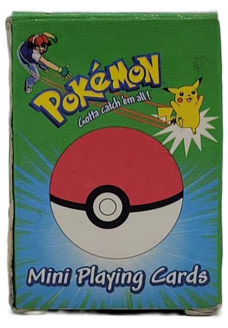 Bicycle Brand Playing Cards Pokémon mini playing cards from 1999 in green box with a Poké Ball illustration, Ash, and Pikachu. The Creatures and Game Freak are trademarks of Nintendo. The mini playing card deck was made in China. The cards are 2.5-inches by 1.75-inches in size.