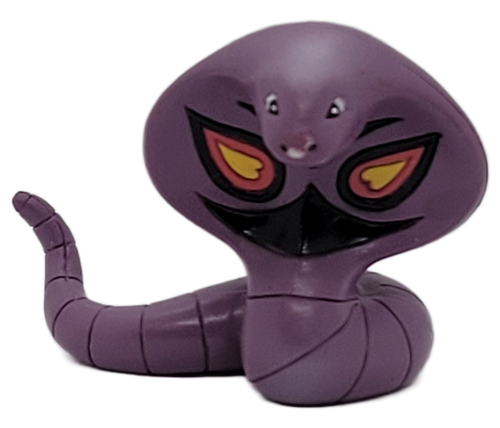 Pokémon Arbok 1.5-inch tall PVC figure by TOMY. This collectible feature toy from the late 90s for ages 4+. Arbok is a serpentine Pokémon that resembles a cobra. It has narrow eyes and several sharp teeth. Just below its head is a large hood with a face-like pattern. This figure was made in China.