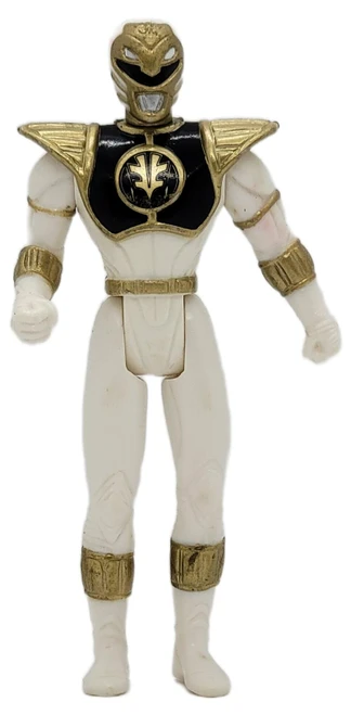 McDonald's Happy Meal Toy 1995 Mighty Morphin Power Rangers White Ranger (Loose), front view of a loose vintage White Ranger action figure with white suit, gold helmet, shoulder armor, wrist guards, and boots against a white background.