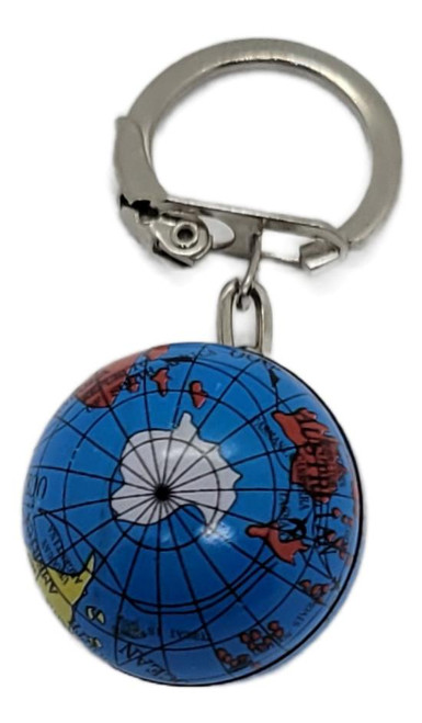Draben's Toyland Vintage World Globe Keychain Blue World Map Travel Souvenir Key Ring, round blue globe charm with a vintage world map design attached to a silver-tone metal key ring