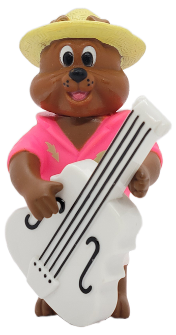 McDonald's Happy Meal toy of Spike with Bass from the 1990 Tom and Jerry Band series of toys. Spike is wearing a pink shirt with blue flowers and is wearing a yellow hat. Spike is playing a white bass The series of toys from the Tom & Jerry Band was available September 2-October 4, 1990.
