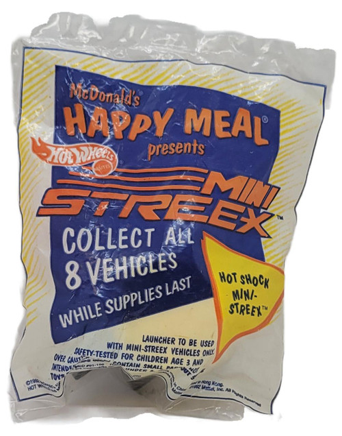 McDonald's Happy Meal Toy 1992 Hot Wheels Mini Streex Hot Shock, vintage crinkled plastic package with blue and yellow graphics labeled Hot Shock Mini Streex.