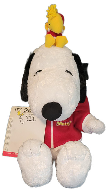 Macy's Vintage 2006 Macy’s Holiday Snoopy & Woodstock Plush | 24-Inch Peanuts Collectible, large white Snoopy plush wearing a red Macy’s holiday jacket with Woodstock perched on his head, shown with its original hangtag.