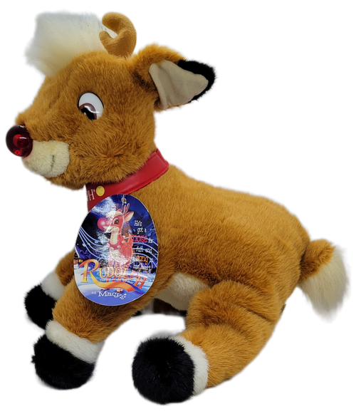 vintage 1998 Macy’s Rudolph plush with red nose, collar, and original hang tag