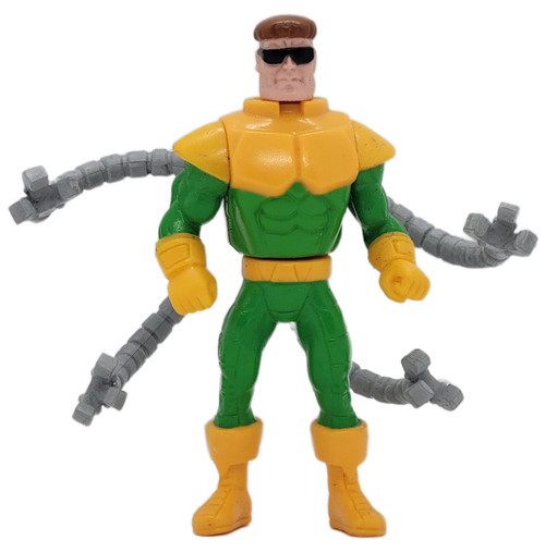 1995 McDonald's Happy Meal Toy: Marvel Spider-Man Dr. Octopus #3 with Moving Tentacles – Collectible Vintage Toy (Loose), front view of the green-and-yellow Dr. Octopus figure wearing black sunglasses, with four gray segmented mechanical tentacles extended against a white background.