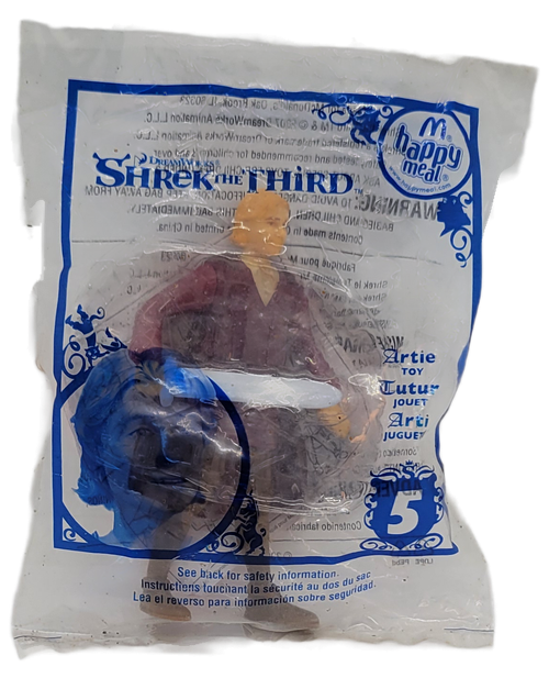 McDonald's Happy Meal toy of Artie from the 2007 Dream Works Shrek the Third movie for ages 3+. Arthur Pendragon is one of 10 different toys from the series that talked when activated. The series was available May 11th to June 7th of 2007.