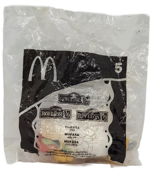 McDonald's Happy Meal Toy 2004 The Lion King 1 1/2 #5 Mufasa, sealed vintage toy bag with black-and-white McDonald's and Lion King 1½ packaging, number 5, and Mufasa toy label.