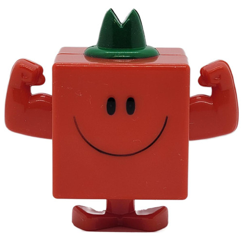 Arby's Kids' Meals Toy 2012 Mr. Men Little Miss Mr. Strong Figure (Loose), red square-bodied character with a smiling face, flexed arms, and a dark green hat on a white background.