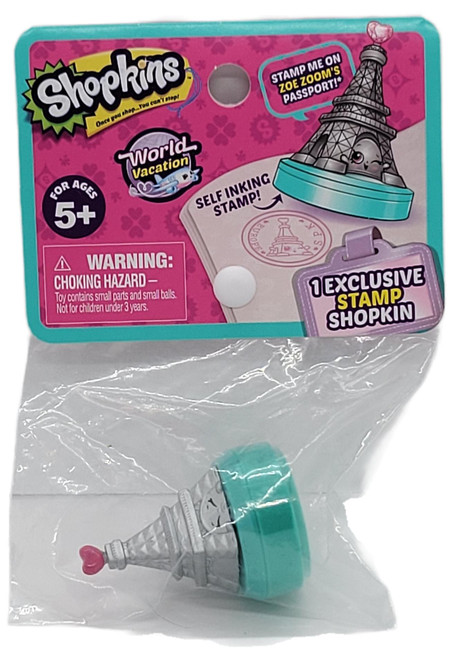 Moose Toys Shopkins Season 8 World Vacation Ella Tower Eiffel Tower Stamp, packaged self-inking Eiffel Tower stamp toy with teal base and pink heart detail.