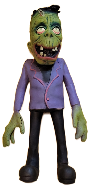 Vintage 22-inch PMG Frankenstein hanging Halloween decoration with green skin, a purple jacket and black trousers.